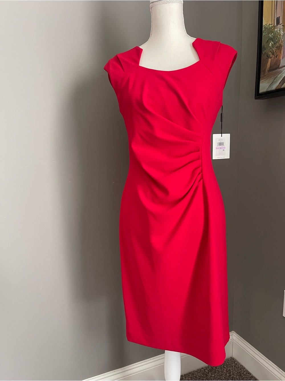 Calvin Klein Sleeveless Midi Dress in Bright Red with Draped Front